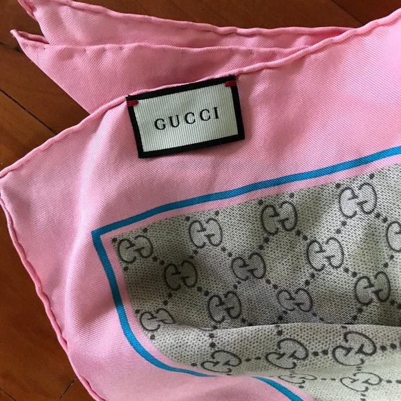 Gucci Scarf Bee GG Twill Silk Roseare/Sky Blue - Picture 1 of 5